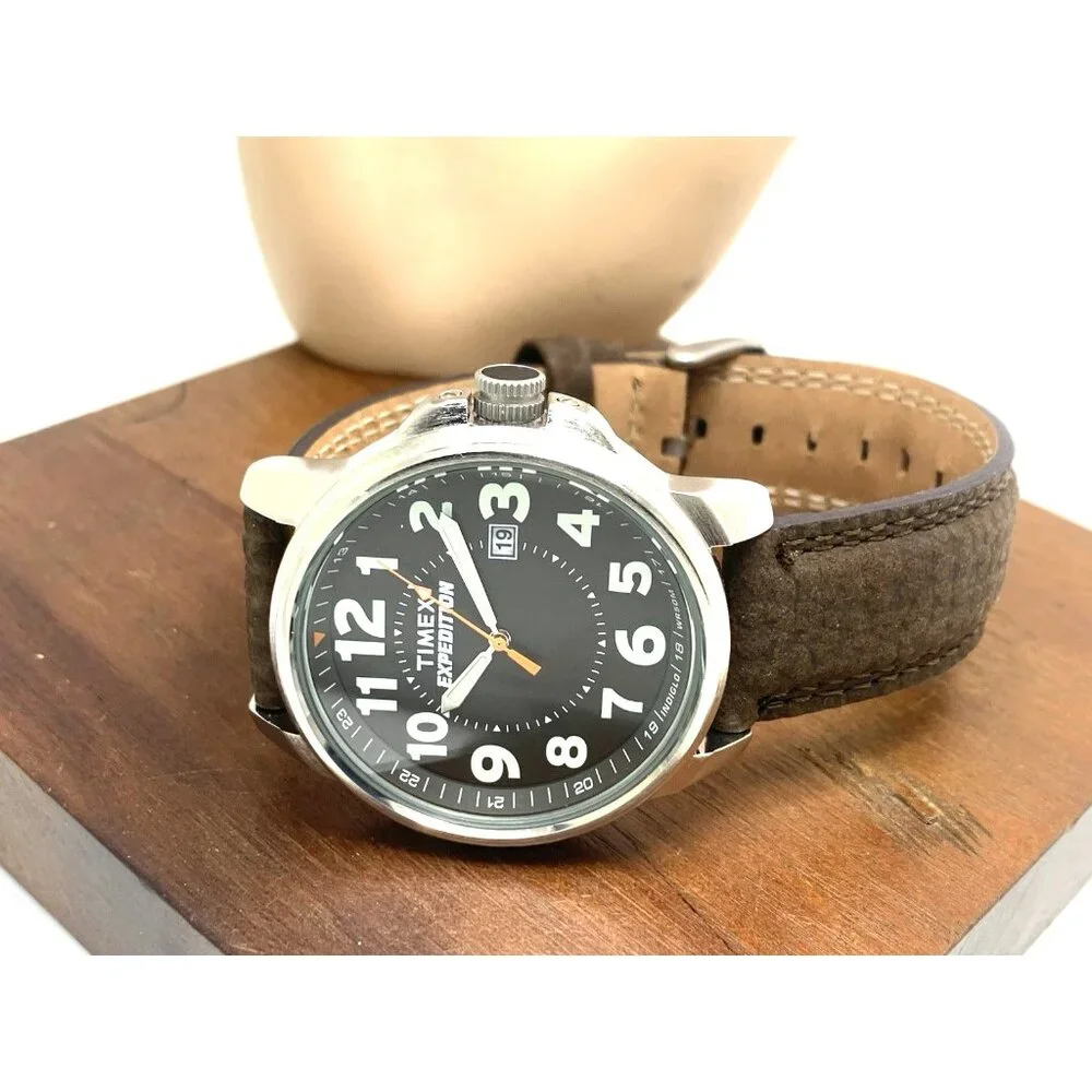 Timex Men's Watch T44921 Expedition Quartz Indiglo Black Dial Brown Leather 40mm
